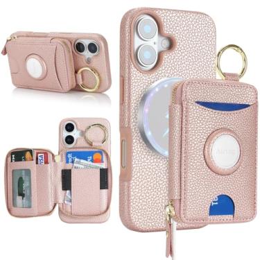 Imagem de Cavor Capa carteira compatível com MagSafe para iPhone 17 com suporte para AirTag, 2 em 1 de couro PU, magnético, destacável, porta-cartões, anel com suporte, zíper, capa de telefone para mulheres e