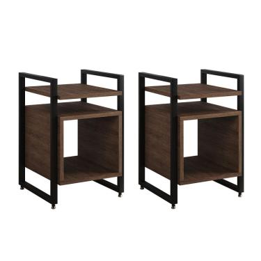 Imagem de Kit 2 Mesas De Cabeceira Industrial Marrocos Ferro Preto E Tampo Amêndoa