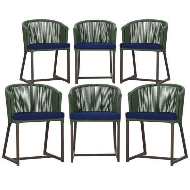 Imagem de 6 Cadeiras De Jantar Noronha Marrom Corda Náutica E10 Trama Verde
