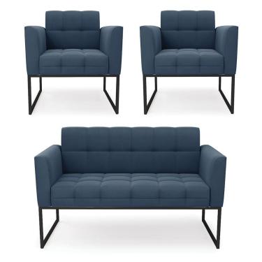 Imagem de Kit 1 Sofá Namoradeira E 2 Poltronas Suede Base Metálica Industrial Preto D'rossi Cor Azul Marinho