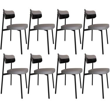 Imagem de Kit 08 Cadeiras Estofada Para Sala De Jantar Astrid Preto C01 Linho Cinza Courino Preto - Lyam Decor
