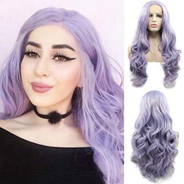 Imagem de Peruca de cabelo lilás roxa com frente de renda para mulheres, macio, ondulado, lavanda, linha do cabelo natural, mistura realista, cor longa, roxo, sem cola, fibra sintética resistente ao calor