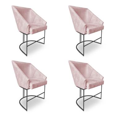 Imagem de Kit 4 Poltronas Luxo Alana Suede Base Ferro Preto - Pallazio Cor Rosa Bebê