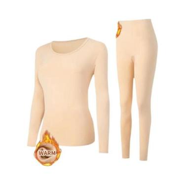 Imagem de Conjunto De Roupa Térmica Feminina De 2 Peças Em Cor Sólida Com Decote