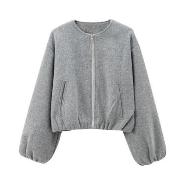 Imagem de Jaqueta Bomber Feminina Cropped Solta Estilo Colegial Com Zíper Manga 