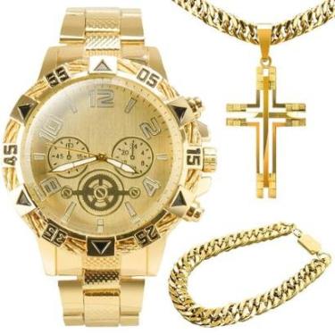 Imagem de Relogio Masculino Banhado Ouro Aço + Pulseira + Crucifixo pesado robusto prova dagua ca...