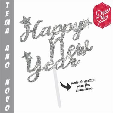 Imagem de Topo em MDF com Glitter Prata para Decoração de Festa - Tema Happy New