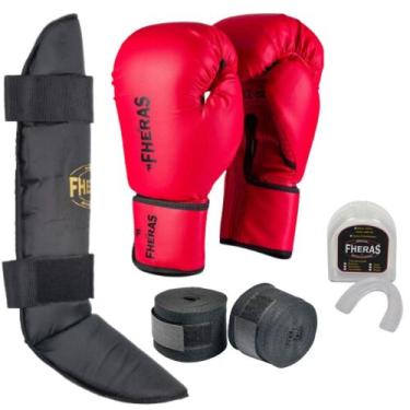 Imagem de Kit  Muay Thai e Boxe Luva, Bandagem, Protetor Bucal e Caneleira Fhera