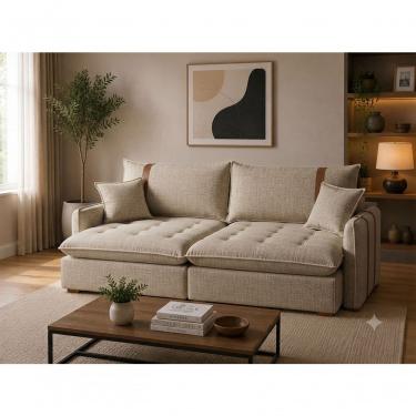 Imagem de Sofá Orion 3 Lugares Retrátil 160CM Creme Linho Cama com Chaise Assento D28 Estrutura Madeira
