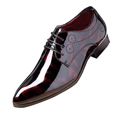 Imagem de Sapato masculino moderno de negócios bico fino floral couro envernizado cadarço Oxford preto marrom vermelho cinza, Vermelho, 9