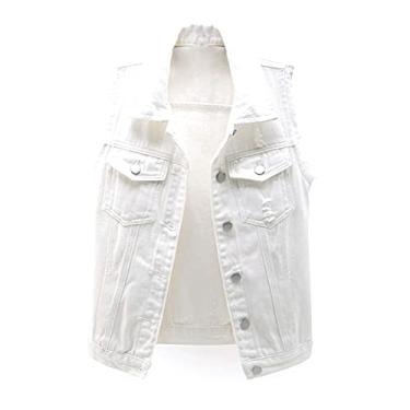 Imagem de Colete Jeans Feminino Jaqueta Denim Rasgado sem Mangas com Botões Branco M