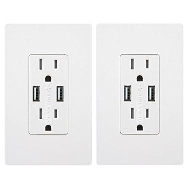 Imagem de Tomada com carregador USB de alta velocidade capacidade de carregamento 4.2A, tomada dupla de 15 A, tomada USB resistente à violação, segurança à prova de crianças, placa de parede sem parafusos, branca (pacote com 2)
