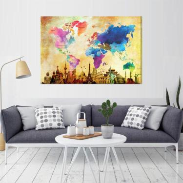 Imagem de Quadro Decorativo Mapa Mundi Global Grung 90x60 em tecido