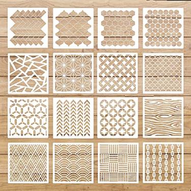 Imagem de 16 peças de estênceis geométricos de pintura de arte reutilizáveis para scrapbooks, artesanato, parede, azulejos, piso, móveis, desenho, decoração, faça você mesmo, suprimentos de arte, cerca de 19 cm e 20 cm