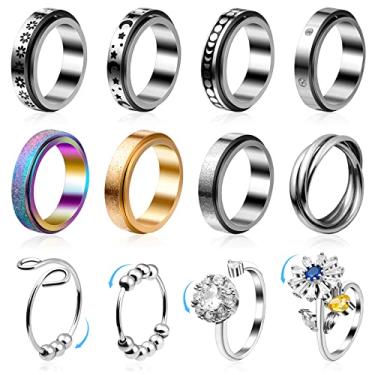 Imagem de Cruzix 12 anéis de ansiedade para mulheres, anéis giratórios de aço inoxidável lua e estrela, anel aberto ajustável, girassol, presente antiestresse, tamanho 7-10