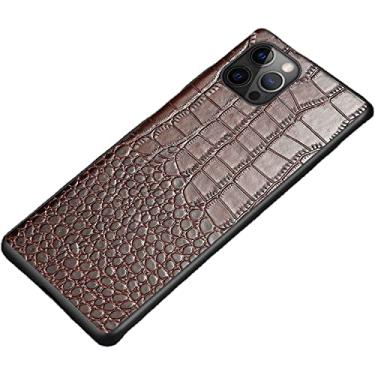 Imagem de MAALYA Capa de couro genuíno para iPhone 14/14 Plus/14 Pro/14 Pro Max, textura clássica de crocodilo premium couro real TPU silicone capa protetora fina híbrida (Cor: marrom1, Tamanho: 14Pro)