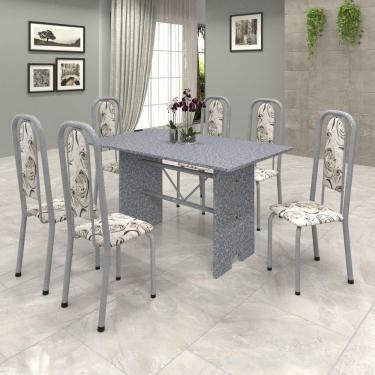 Imagem de Conjunto de Mesa 140x75cm Tampo Granito com 6 Cadeiras Lavínea Soma Móveis Martelado Pérola/Ocre/Arabesco