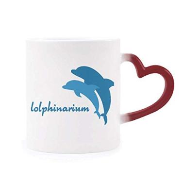 Imagem de Caneca de grés com estampa de golfinho amigável ao calor azul oceano que muda de cor vermelha