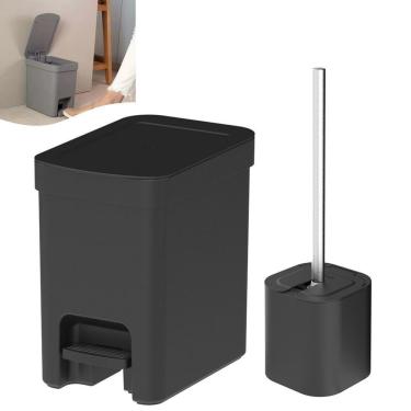 Imagem de Kit Lixeira 6 Litros Com Pedal e Porta Escova Sanitária Preto Banheiro Trium - KTE 131 Ou