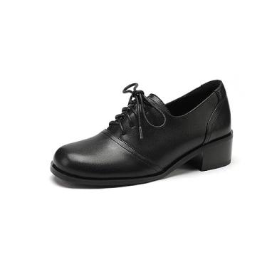 Imagem de TinaCus Sapato Oxford feminino de couro legítimo feito à mão bico redondo com cadarço salto baixo empilhado, Preto, 7.5