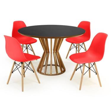 Imagem de Conjunto Mesa de Jantar Redonda Cecília Amadeirada Preta 120cm com 4 Cadeiras Eames Eiffel - Vermelho