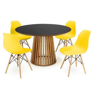 Imagem de Conjunto Mesa de Jantar Redonda Luana Amadeirada Preta 120cm com 4 Cadeiras Eames Eiffel - Amarelo