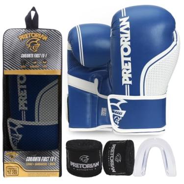 Imagem de Kit Luva de Boxe e Muay Thai First FX1 Pretorian (Azul/Branco, 12 Oz)