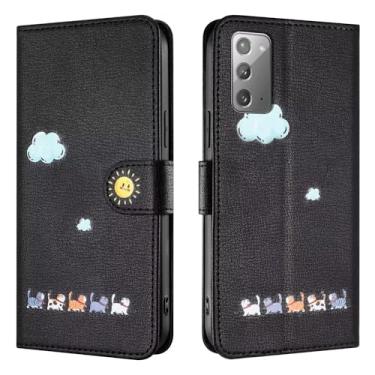 Imagem de Rnrieyta Miagon para Samsung Galaxy Note 20, capa de desenho animado animal gato nuvem bonito padrão dobrável suporte carteira de couro PU capa protetora com compartimentos para cartões, preto