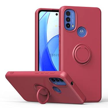 Imagem de XYYDS Capa de silicone líquido para Motorola Moto E40 / Moto E30, capa com suporte de anel à prova de choque, capa de telefone ultrafina criativa de borda reta com cordão - vermelho espinheiro