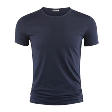 Imagem de Camiseta masculina cor pura gola V e O manga curta camisetas masculinas fitness para roupas masculinas 1, Gola redonda azul marinho, XXG
