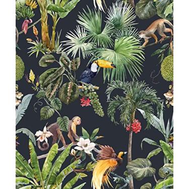 Imagem de MAGAFA Papel de parede tropical floral descascar e colar aquarela selva palmeiras papel de parede verde animais papel de contato removível papel de parede autoadesivo mural de parede vara na decoração de casa 45 cm x 300 cm