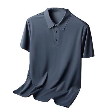 Imagem de Camisa polo masculina de lapela sólida de seda gelo camisas de golfe com botões para trabalho camiseta elástica atlética secagem rápida, Cinza escuro, XXG