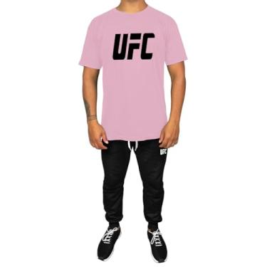 Imagem de Kit Conjunto Masculino Camiseta Algodão e Calça Moletom Casual Estampado UFC (Rosa, GG)