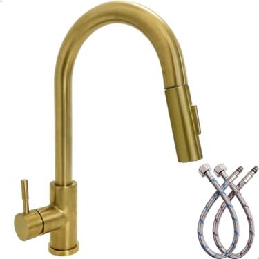 Imagem de Dona D Cor, Torneira Cozinha Gourmet Dourado Escovado Inox Bica Alta Misturador Monocom...