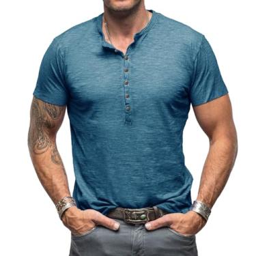 Imagem de Opomelo Camiseta masculina manga curta Henley casual algodão botão camiseta verão leve moda camisa, Jeans azul, XXG