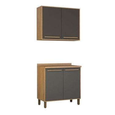 Imagem de Kit Armário Aéreo 80cm 2 Portas e Balcão 80cm 2 Portas Salvador Cinamomo/Grafite