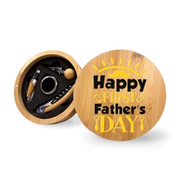 Imagem de Conjunto de ferramentas para abridor de garrafas de vinho de bambu Happy First Father's Day, conjunto de vinho para homens, kit de vinho, ferramentas de vinho essenciais, ideia de presente de
