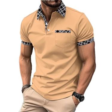 Imagem de Camiseta de verão manga curta masculina casual esportiva bolso no peito lapela manga curta camiseta masculina, Caqui, P