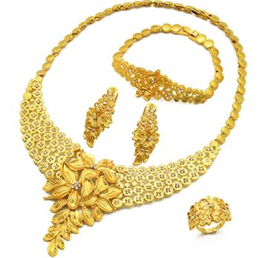 Imagem de Conjunto de joias indianas femininas de Bollywood banhado a ouro 24K Dubai colar brincos pulseira moda casamento baile conjunto de joias, Banhado a ouro, Strass