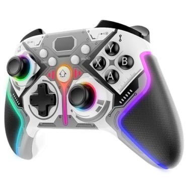 Imagem de Controlador de jogo sem fio para Nintendo Switch/PC/Android/iOS/PS4/PS3 com luz RGB, vibração de motor duplo, função Turbo, teclas programáveis, gatilho ajustável, com suporte para telefone (cinza)