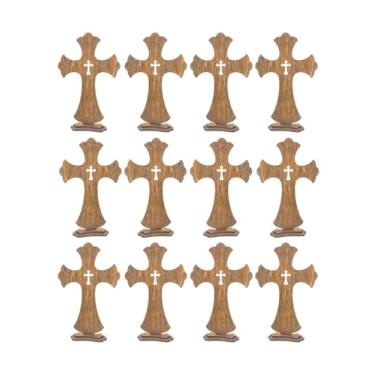 Imagem de Pacote com 12 cruzes de madeira marrom de 30,5 cm, cruz de mesa de madeira queimada, cruz de pé rústica para centros de mesa de batismo, decoração de igreja, presentes de oração