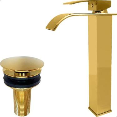 Imagem de Torneira Dourada E Valvula Click 7/8 Aço Inox Kit Pia Lavabo Gold Luxo