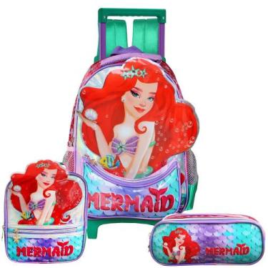 Imagem de Kit Escolar Mochila Rodinhas Lancheira Estojo Sereia Ruiva - Denlex, V