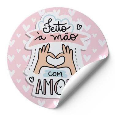 Imagem de 120 Adesivos Selo Etiquetas Redondas Frase Feito A Mão Com Amor Fundo 