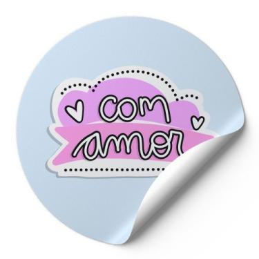 Imagem de 120 Etiquetas Auto Colante Adesivos Redondos Com Amor Fundo Azul AD003