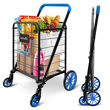 Imagem de Carrinho de compras versátil com rodas dianteiras giratórias de 360 graus, design dobrável, construção robusta, conveniência portátil, alta capacidade de 50 libras, ideal para bagagem e lavanderia,