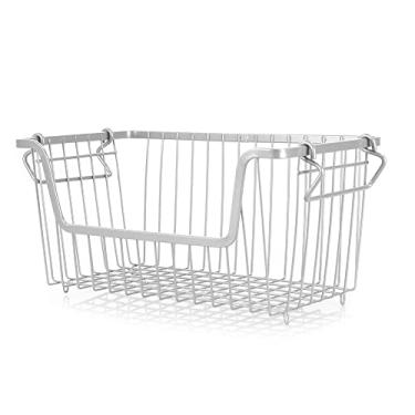 Imagem de Home Basics Organizador de armazenamento de arame de aço revestido com pó cesto com alças para armários, prateleiras, armário, cozinha, quarto, lavanderia, toucador, pequeno, cinza