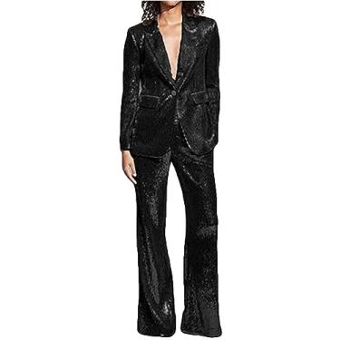 Imagem de Conjunto de terno feminino com lantejoulas, um botão, 2 peças, smoking de casamento, blazer e calça blazer para festa de formatura, Preto, M
