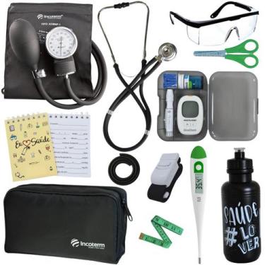 Imagem de Kit Enfermagem Estágio Aparelho Pressão Estetoscópio Medidor Glicose -