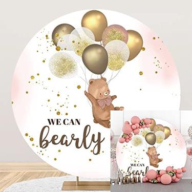 Imagem de OERJU Capa de fundo redonda com urso, 2,2 x 2,2 m, We Can Bearly Wait, pano de fundo redondo para chá de bebê, urso, glitter, balões dourados, meninos, meninas, recém-nascidos, chá de bebê, revelação